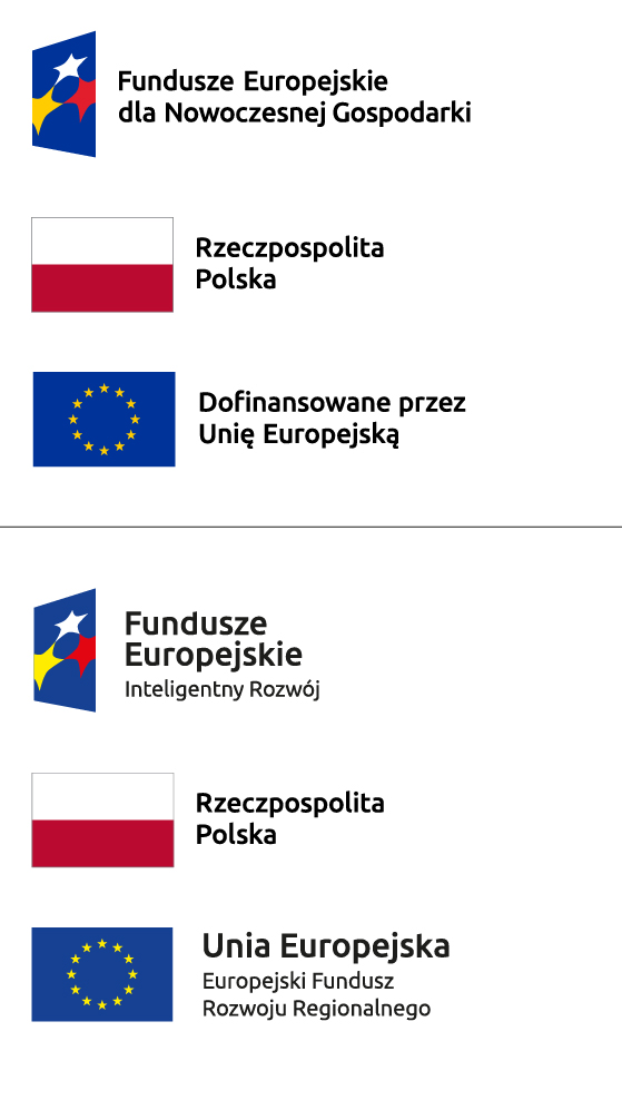 logotyp Fundusze Europejskie dla Nowoczesnej Gospodarki, logotyp Rzeczpospolita Polska, logotyp Dofinansowane przez Unię Europejską, logotyp Fundusze Europejskie Inteligentny rozwój, logotyp Rzeczpospolita Polska, logotyp Unia Europejska Europejski Fundusz Rozwoju Regionalnego